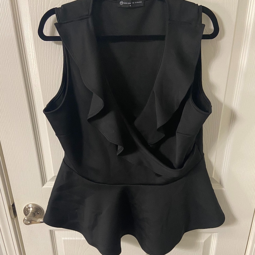 Black Ruffled Neckline Peplum Top